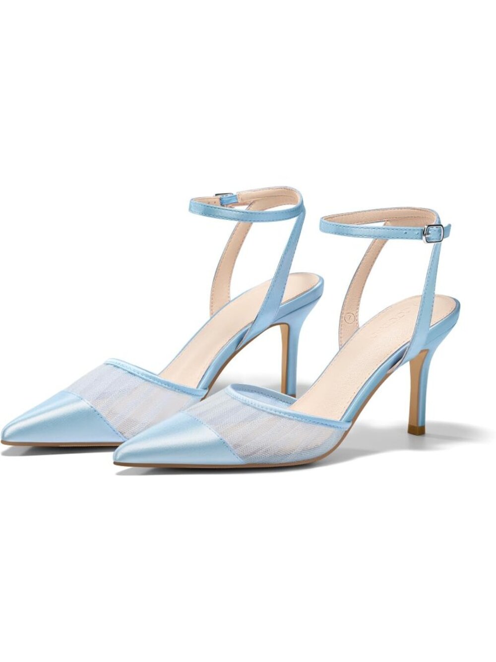 Women's Blue Closed Toe High Heels Satin Pointed Toe Ankle Strap Patchwork